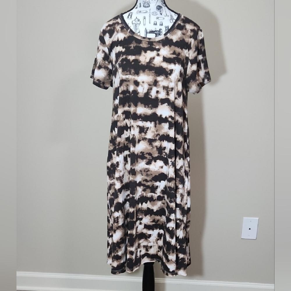 LuLaRoe Jessie Brown Tie Dye Swing Dress With Hidden Pockets Women's Small